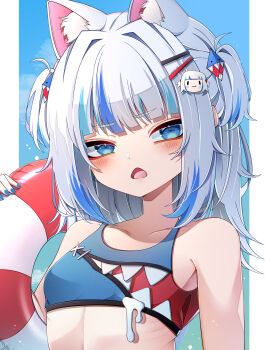 1girl absurdres alternate_costume animal_ears bare_shoulders bikini blue_background blue_bikini blue_eyes blue_nails blue_streaks blunt_bangs blush cat_ears commentary_request doom_yorusen dot_nose drooling gawr_gura grey_hair hair_intakes hair_ornament hairclip highres hololive lifebuoy looking_at_viewer midriff multicolored_hair open_mouth pillarboxed shark_girl sharp_teeth short_twintails solo standing streaked_hair swim_ring swimsuit teeth twintails upper_body virtual_youtuber wispy_bangs