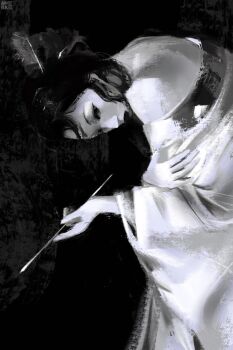 Rule 34 | 1girl, anirrie, art study, artist name, commentary, english commentary, from side, greyscale, hair ornament, hand on own arm, highres, looking to the side, monochrome, off shoulder, original, photo-referenced, sideways, signature, solo