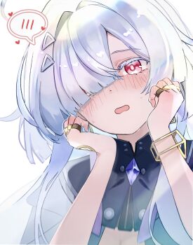 1010_(wuthering1010) 1girl absurdres blush colored_eyelashes commentary_request earrings hair_intakes hair_ornament hair_over_one_eye hands_up highres jewelry long_hair looking_at_viewer mornye_(wuthering_waves) red_eyes red_pupils simple_background solo spoken_blush triangle_earrings white_background wuthering_waves