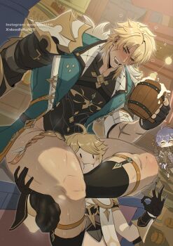 3boys aether_(genshin_impact) ankle_socks bara beard_stubble beer_mug bite_mark bite_mark_on_thigh black_coat black_gloves black_socks blonde_hair blue_eyes blush bottomless braid closed_mouth coat collared_coat commentary cross_scar cup doodlefish drunk english_commentary facial_hair facial_scar feet fingerless_gloves flins_(genshin_impact) genshin_impact gloves hair_between_eyes highres instagram_username leg_hair legwear_garter light_blush long_braid long_hair looking_at_another male_focus mug multiple_boys muscular muscular_male scar scar_on_arm scar_on_cheek scar_on_face scissorhold short_hair single_braid size_difference socks stubble sweat thick_thighs thighs twitter_username varka_(genshin_impact) yaoi yellow_eyes