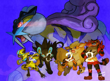 Rule 34 | 2022, arcanine, blue background, chinese zodiac, colored sclera, commentary request, eye trail, fangs, gen 1 pokemon, gen 2 pokemon, gen 4 pokemon, gen 7 pokemon, green eyes, highres, incineroar, legendary pokemon, light trail, luxray, mythical pokemon, nintendo, no humans, one eye closed, open mouth, pokemon, pokemon (creature), raikou, sekimerou, signature, v, year of the tiger, yellow sclera, zeraora