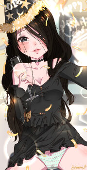 Rule 34 | 1girl, 2018, absurdres, alcohol, bloom225, blush, bow, bow panties, breasts, brown hair, champagne, champagne glass, cleavage, collar, dress, green panties, heart, heart panties, heart print, highres, long hair, new year, panties, print panties, selfie, underwear