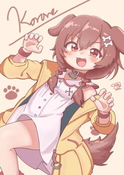 Rule 34 | 1girl, :3, animal collar, animal ears, artist logo, blush, bone hair ornament, bone ornament, brown background, brown eyes, brown hair, character name, claw pose, collar, derorean1212, dog ears, dog girl, dog tail, double-parted bangs, dress, dutch angle, fangs, feet out of frame, hair between eyes, hair ornament, hashtag-only commentary, highres, hololive, inugami korone, inugami korone (1st costume), jacket, logo, long hair, long sleeves, open mouth, paw print, red collar, red socks, red trim, red wrist cuffs, short hair, simple background, smile, socks, solo, tail, v-shaped eyebrows, virtual youtuber, white dress, wrist cuffs, yellow jacket