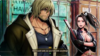 1boy 1girl beard black_gloves blonde_hair brown_hair capcom capcom_vs._snk_2 coat commentary english_commentary facial_hair fatal_fury fatal_fury:_city_of_the_wolves folding_fan game_screenshot_inset gloves hand_fan holding holding_fan jewelry ken_masters necklace non-web_source open_clothes open_coat ponytail shiranui_mai snk street_fighter street_fighter_6