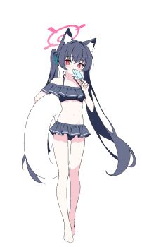 1girl animal_ears bare_shoulders barefoot blue_archive cat_ears cat_girl commentary_request highres lmg7811 long_hair looking_at_viewer navel official_alternate_costume purple_hair red_eyes serika_(blue_archive) serika_(swimsuit)_(blue_archive) simple_background solo swimsuit thighs twintails white_background