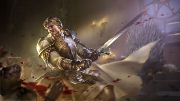 1boy a_song_of_ice_and_fire armor blonde_hair blood blood_splatter bloody_weapon candle candlelight cape game_of_thrones gauntlets greaves green_eyes holding holding_sword holding_weapon indoors iron_throne jaime_lannister jasper-c male_focus medium_hair pauldrons shoulder_armor solo sword weapon white_cape