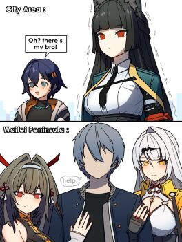 1boy 4girls animal_ears arm_hug belle_(zenless_zone_zero) black_hair dorahdew fox_ears hair_ornament hairclip highres jealous multiple_girls red_eyes shaking speech_bubble white_background white_hair wise_(zenless_zone_zero) ye_shunguang yellow_eyes yixuan_(zenless_zone_zero) zenless_zone_zero