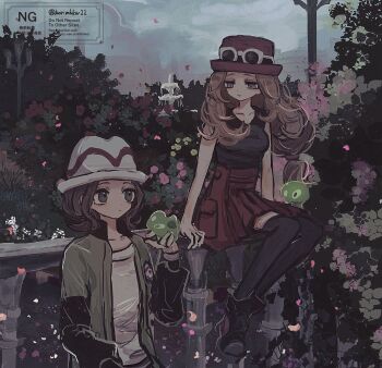 2girls black_shirt black_shoes black_thighhighs blonde_hair brown_eyes brown_hair commentary_request eyewear_on_headwear flower full_body gen_6_pokemon green_jacket grey_eyes harmony_(pokemon) hat highres horimhkw11 jacket legendary_pokemon long_hair looking_at_another multiple_girls nintendo outdoors pink_flower pink_hat pokemon pokemon_(creature) pokemon_legends:_z-a pokemon_xy red_flower red_skirt rose_bush serena_(pokemon) shirt shoes short_hair sitting skirt sleeveless sleeveless_shirt thighhighs white-framed_eyewear white_hat white_shirt yellow_flower zygarde zygarde_cell