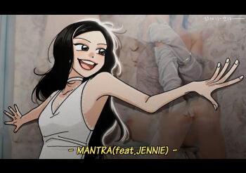 Rule 34 | 1girl, artist name (singer), black hair, blackpink, brown eyes, choker, commentary request, dated, jennie (blackpink), kimsda rong, korean commentary, letterboxed, long hair, open mouth, outstretched arms, real life, shirt, solo, song name, teeth, upper body, upper teeth only, white shirt