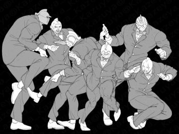 6+boys armlet armor biceps blank_eyes crossed_arms dancing formal_clothes full_body grin helmet highres jewelry kazeya_kazuya kinniku_suguru kinnikuman kinnikuman_(character) kinnikuman_big_body kinnikuman_mariposa kinnikuman_soldier kinnikuman_super_phoenix kinnikuman_zebra large_pectorals looking_at_viewer looking_to_the_side manly mask monochrome multiple_boys muscular pants pectorals serious simple_background smile suit wrestling wrestling_mask