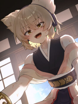 1girl alternate_costume black_skirt blonde_hair blue_sky blush bracelet check_clothing clothing_request commentary_request cowboy_shot earmuffs highres indoors jewelry kosode looking_at_viewer obi open_mouth pointy_hair sash shirataki_oden2 shirt short_hair shrine skirt sky sleeveless sleeveless_shirt solo sweat teeth touhou toyosatomimi_no_miko upper_body upper_teeth_only yellow_eyes