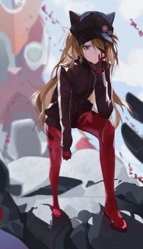 1girl absurdres animal_ear_headwear animal_hat black_hat blue_eyes blurry blurry_background bodysuit bodysuit_under_clothes brown_hair cat_hat closed_mouth commentary_request depth_of_field eimizzzzz eva_02 evangelion:_3.0_you_can_(not)_redo evangelion_(mecha) eyepatch fake_animal_ears full_body hand_on_own_face hand_up hat hat_ornament highres jacket long_hair long_sleeves looking_at_viewer mecha mecha_pilot_suit neon_genesis_evangelion outdoors rebuild_of_evangelion red_bodysuit red_jacket robot souryuu_asuka_langley standing track_jacket turtleneck turtleneck_jacket very_long_hair