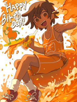 2boys absurdres brown_eyes brown_hair collar dark-skinned_male dark_skin english_text g_tsurius happy_birthday highres kel_(faraway)_(omori) kel_(omori) looking_at_viewer male_focus multiple_boys omori open_mouth orange_joe_(omori) orange_shorts red_shoes shoes short_hair shorts sitting smile sneakers socks teeth upper_teeth_only white_socks