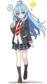 Rule 34 | 1girl, :d, ahoge, black jacket, black socks, blazer, blue hair, blue skirt, blush, brown shoes, collared shirt, commentary request, dot nose, full body, hair between eyes, hand up, highres, jacket, kotatsu-mazoku, loafers, long hair, long sleeves, looking at viewer, miniskirt, necktie, open clothes, open jacket, open mouth, original, plaid clothes, plaid skirt, pleated skirt, red eyes, red necktie, school uniform, shirt, shoes, simple background, skirt, smile, socks, solo, sparkle, standing, striped necktie, white background, white shirt