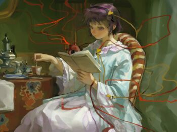 1girl absurdres black_hairband blue_shirt book chair chinese_commentary closed_mouth commentary_request creamer_(vessel) cup disembodied_linked_eye frilled_sleeves frills hairband highres holding holding_book indoors komeiji_satori long_sleeves mmzzyy on_chair pink_skirt purple_eyes purple_hair reading ribbon-trimmed_collar ribbon_trim saucer shirt short_hair sitting skirt solo stirring table tablecloth teacup teapot touhou wide_sleeves
