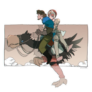 1boy 1girl ankle_boots beard ben-day_dots black_boots black_gloves black_shirt blue_cape blue_eyes boots cape commentary_request creature dress facial_hair from_side gloves green_pants headpiece holding holding_reins hug hug_from_behind kaze_no_tani_no_nausicaa kurotowa kushana long_sleeves mechanical_arms mechanical_legs multiple_riders orange_hair pants profile reins riding riding_animal saddle screentones serizawa_nae shirt short_dress short_hair single_mechanical_arm sitting white_dress