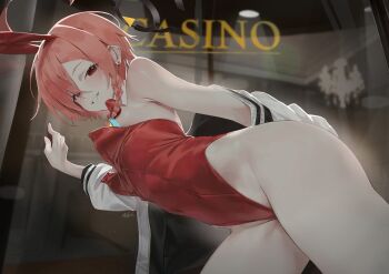 1girl animal_ears blue_archive bow bowtie commentary detached_collar fake_animal_ears from_below halo highres jacket leaning_forward leotard looking_at_viewer mole mole_under_each_eye mole_under_eye multiple_moles neru_(blue_archive) neru_(bunny)_(blue_archive) not_forever2w official_alternate_costume oversized_breast_cup pink_hair playboy_bunny red_bow red_eyes red_leotard solo strapless strapless_leotard symbol-only_commentary traditional_bowtie