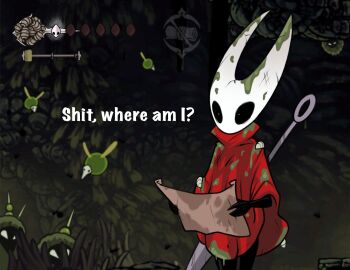 1girl arthropod_girl cloak dirty english_text game_screenshot_background highres hollow_knight hollow_knight:_silksong hornet_(hollow_knight) maggot map mask needle_(hollow_knight) needle_sword red_cloak screenshot_background solo spacemaxmarine