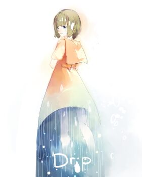 1girl blue_eyes blunt_bangs brown_hair closed_mouth commentary_request cropped_legs crying dress drop_(vocaloid) faux_traditional_media from_behind light_frown looking_at_viewer looking_back medium_dress orange_dress rain sailor_collar sailor_dress short_hair short_sleeves sidelocks solo song_name standing tears vocaloid water_drop white_background yellow_sailor_collar yinmm1997