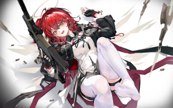 Rule 34 | 1girl, absurdres, arknights, black jacket, commentary request, detached wings, energy wings, exusiai (arknights), exusiai the new covenant (arknights), feet, fingerless gloves, gloves, gun, halo, highres, jacket, kriss vector, looking at viewer, one side up, open mouth, red hair, short hair, socks, soles, submachine gun, traditional halo, weapon, white halo, wings, xun li eins, yellow eyes