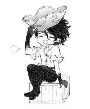 Rule 34 | 1boy, :d, adjusting clothes, adjusting headwear, black bow, bow, box, chibi, chibi only, closed eyes, collarbone, crate, curly hair, dr. stone, full body, greyscale, hand on own head, hand up, hat, highres, holding, male focus, monochrome, nanami sai, ninomae gin, open mouth, pants, pirate, pirate hat, puff of air, shirt, short hair, short sleeves, sigh, simple background, sitting, sitting on object, smile, solo, sweat, sweatdrop, treasure chest, white background
