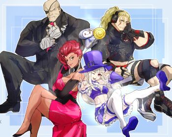2boys 2girls absurdres adjusting_clothes adjusting_necktie alex_winger bald candy capcom_fighting_jam commentary_request crimson_viper crimson_viper_(sf6_outfit_3) crop_top detached_sleeves dress eyepatch food formal_clothes frilled_skirt frills hat headphones highres ingrid_(capcom) ingrid_(midnight_bliss)_(capcom) lollipop midnight_bliss monocle monoid_(street_fighter) multiple_boys multiple_girls necktie np5arfvkin74535 official_alternate_costume official_alternate_hairstyle red_eyes red_hair sagat sagat_(sf6_outfit_3) short_shorts shorts skirt street_fighter street_fighter_6 suit swirl_lollipop top_hat