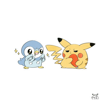 Rule 34 | black eyes, closed mouth, commentary request, full body, gen 1 pokemon, gen 4 pokemon, highres, hungry, jitome, ketchup bottle, mochimaro (infj oekaki), motion lines, nintendo, no humans, open mouth, pikachu, piplup, pokemon, pokemon (creature), saliva, simple background, sparkle, sparkling eyes, unamused, waving arms, white background