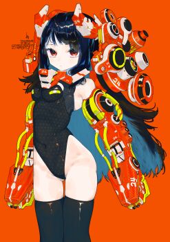 1girl absurdres bad_anatomy black_hair black_leotard black_thighhighs blue_hair colored_inner_hair cowboy_shot highleg highleg_leotard highres leotard looking_at_viewer machine multicolored_hair muzinneki original red_background red_eyes simple_background solo thighhighs