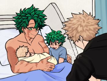 baby bakudeku bakugou_katsuki bed blanket blonde_hair body_freckles boku_no_hero_academia bones_(company) child curly_hair freckles full_c0wl1ng giving_birth green_eyes green_hair highres hospital_bed hug indoors lying male_pregnancy messy_hair midoriya_izuku no_shirt omegaverse on_bed pectorals pillow red_eyes scar scar_on_arm scar_on_face shirt shota shounen_jump siblings size_difference spiked_hair toddler towel yaoi
