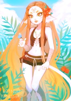 Rule 34 | 01nu, 1girl, animal ears, arm wrap, boots, braid, bug, butterfly, cat ears, cat girl, cat tail, chest markings, colored skin, crop top, dollightful, eyelashes, eyeshadow, facial mark, flower, gold, hair flower, hair ornament, insect, jewelry, lips, long hair, makeup, markings, nail polish, navel, orange eyes, orange hair, puffy shorts, ring, ruhara (dollightful), short shorts, shorts, skinny, slit pupils, solo, tail, vest, white fur, white skin