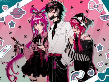 1girl 2boys androgynous bandaid bandaid_on_face belt black_hair braid bubble_tea choker contemporary earrings feixianji_(hairstyle) hair_ornament hair_rings hairband hairclip hand_in_pocket hat highres holding holding_phone jewelry jirai_kei judal long_hair long_sleeves magi_the_labyrinth_of_magic mask medium_hair mouth_mask multiple_boys neck_ring necklace open_mouth phone picture_of_sea pink_eyes pink_hair red_eyes red_hair ren_kougyoku ren_kouha ring shirt skirt smile spiked_choker spikes split_ponytail sticker sticker_on_face streetwear trap white_shirt