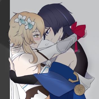 1boy 1girl against_wall aqua_flower armor arms_around_neck arms_up bare_shoulders black_bodysuit black_bridal_gauntlets black_hair blonde_hair blue_cape blue_trim blunt_ends blush bodysuit bound bound_wrists bow breasts bridal_gauntlets brown_corset cape closed_mouth corset couple dress eyelashes face-to-face flower from_side genshin_impact hair_flower hair_ornament half-closed_eyes halterneck hand_on_another&#039;s_nape hand_on_wall hetero highres japanese_armor japanese_clothes kabedon kimono kote kurokote looking_at_another lumine_(genshin_impact) medium_breasts multicolored_flower multicolored_hair nicbuns parted_lips profile purple_eyes purple_hair red_bow scaramouche_(genshin_impact) scarf short_hair short_hair_with_long_locks sideboob sidelocks single_off_shoulder smile streaked_hair sweatdrop tsurime twitter_username wanderer_(genshin_impact) white_background white_dress white_flower white_kimono white_scarf yellow_eyes