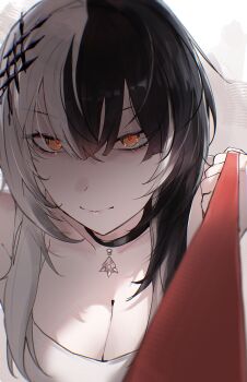 1girl absurdres black_choker black_hair breasts choker cleavage commentary english_commentary grey_hair hair_between_eyes highres hololive hololive_english kurochanai large_breasts leash leash_pull long_hair looking_at_viewer multicolored_hair pendant_choker pov shiori_novella solo split-color_hair tank_top upper_body viewer_on_leash virtual_youtuber white_tank_top yellow_eyes