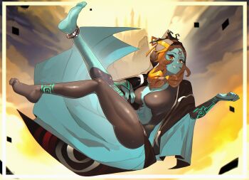 1girl barefoot black_cape black_skin blue_skin breasts cape colored_sclera colored_skin commentary english_commentary floating front_ponytail gem grey_skin grin highres hood hooded_cape large_breasts long_hair looking_at_viewer midna midna_(true) multicolored_skin navel nintendo open_mouth orange_hair orlek pointy_ears red_eyes red_gemstone smile solo teeth the_legend_of_zelda the_legend_of_zelda:_twilight_princess two-tone_skin yellow_sclera
