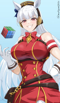 1girl animal_ears armband bare_shoulders blunt_bangs blush bow bowtie breasts brown_hat chamumi_(mochiumee) commentary_request dress ear_bow ear_ribbon gloves gold_ship_(red_strife)_(umamusume) gold_ship_(umamusume) grey_hair grin hat highres horse_ears horse_girl large_breasts long_hair looking_at_viewer open_mouth pantyhose pillbox_hat purple_bow purple_eyes red_bow red_bowtie red_dress rubik's_cube simple_background sleeveless sleeveless_dress smile solo striped_armband striped_clothes teeth umamusume white_gloves white_pantyhose