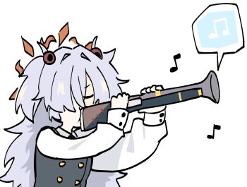 Rule 34 | antique firearm, big hair, blue archive, blunderbuss, closed eyes, collar, dress, firearm, gun, halo, holding, holding gun, holding weapon, instrument, kanoe (blue archive), music, musical note, playing instrument, sleeve cuffs, speech bubble, trombone, twintails, weapon