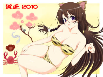 10s 1girl 2010 animal_ears animal_print bakemonogatari bikini blue_eyes braid branch brown_hair cat_hair_ornament chinese_zodiac cosplay crab crustacean female_focus flower glasses hair_ornament hanekawa_tsubasa long_hair lum monkey monogatari_(series) nekomonogatari new_year niwatori_kokezou snake solo swimsuit tiger_(chinese_zodiac) tiger_ears tiger_girl tiger_print twintails urusei_yatsura