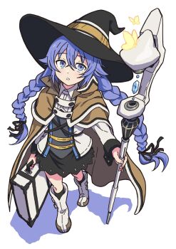 1girl black_hat black_ribbon black_skirt black_socks blue_eyes blue_hair boots braid bug butterfly collared_shirt commentary_request crossed_bangs double-parted_bangs from_above hair_between_eyes hair_flaps hair_ribbon hat highres holding holding_staff holding_suitcase insect kneehighs large_hat long_hair looking_at_viewer looking_up low_twin_braids mushoku_tensei parted_lips ribbon roxy_migurdia shadow shirt sidelocks skirt socks solo somasoutaro staff suitcase twin_braids very_long_hair white_background white_boots white_shirt witch_hat