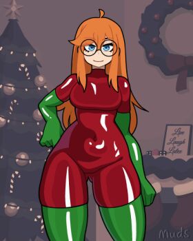 bdsm bodysuit bondage bound christmas_lights christmas_tree elbow_gloves glasses gloves latex latex_bodysuit latex_gloves muds original red_hair siri_jay