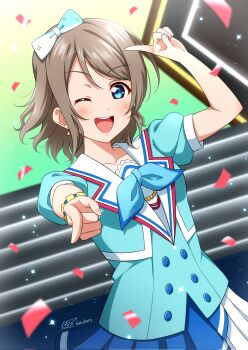 1girl aozora_jumping_heart arm_up blue_eyes bow breasts brown_hair confetti dress grey_hair hair_bow hair_ornament haruharo_(haruharo_7315) highres idol looking_at_viewer love_live! love_live!_sunshine!! music one_eye_closed open_mouth pointing pointing_at_viewer ribbon sailor_collar short_hair singing skirt solo stage teeth upper_body upper_teeth_only watanabe_you wavy_hair wrist_cuffs