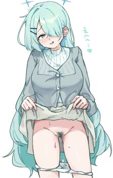 1girl aqua_eyes aqua_hair blue_archive breasts buttons casual clothes_lift cowboy_shot dusu_(htkj) female_pubic_hair grey_jacket hair_down hair_over_one_eye heart highres hiyori_(blue_archive) jacket lifting_own_clothes looking_at_viewer open_mouth panties panty_pull pubic_hair pussy_juice simple_background skirt skirt_lift smile solo sweat translation_request underwear white_background