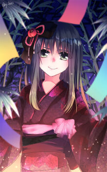 Rule 34 | 1girl, black hair, bow, eyelashes, eyes visible through hair, female focus, floral print, green eyes, hair bow, hoshiyume yashiro, japanese clothes, kimono, long hair, looking at viewer, minashiro orihime, sidelocks, smile, solo, soukyuu no fafner, tanabata, tanzaku, twitter username, wide sleeves