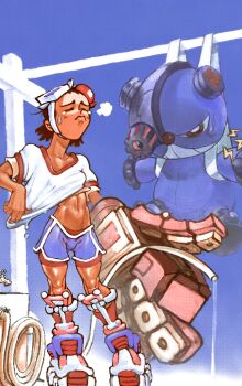 1girl bike_shorts bike_shorts_under_shorts blush_stickers brown_hair closed_eyes closed_mouth clothes_lift clothes_pull dolphin_shorts emi_(fighting_vipers) fighting_vipers fighting_vipers_2 fillter frown gauntlets goggles goggles_on_head hose laundry_pole lightning_bolt_symbol mechanical_hands muscular muscular_female sega shirt_lift shirt_pull short_hair shorts shorts_under_shorts sigh stuffed_animal stuffed_toy sweat tears teddy_bear wet wet_clothes