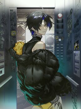 1boy absurdres alternate_costume asaba_harumasa bangboo_(zenless_zone_zero) bare_shoulders black_hair black_jacket black_shirt chain chain_necklace collar commentary cross cross_earrings ear_piercing earrings elevator from_side graffiti highres jacket jacket_partially_removed jewelry looking_at_viewer male_focus naru9 necklace parted_bangs parted_lips piercing sharkboo_(zenless_zone_zero) shirt short_hair sign sleeveless sleeveless_shirt smile solo sticker symbol-only_commentary turtleneck yellow_eyes zenless_zone_zero