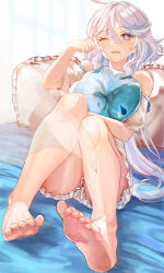 Rule 34 | 1girl, absurdres, ahoge, alternate costume, bare shoulders, barefoot, blue eyes, blue hair, commentary request, furina (genshin impact), genshin impact, highres, knees up, long hair, looking at viewer, multicolored hair, off-shoulder shirt, off shoulder, one eye closed, open mouth, shiro (hgan7752), shirt, short sleeves, solo, streaked hair, very long hair, white hair