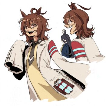 2girls :d agnes_tachyon_(tach-nology)_(umamusume) agnes_tachyon_(umamusume) ahoge animal_ears black_hair brown_hair chemical_structure commentary cropped_torso earrings english_commentary from_side furrowed_brow hair_between_eyes horse_ears horse_girl jewelry lab_coat long_sleeves looking_at_viewer manhattan_cafe_(umamusume) multiple_girls multiple_views necktie open_mouth profile short_necktie simple_background single_earring sleeves_past_fingers sleeves_past_wrists smile standing sweater teeth test_tube umamusume wanderjegson white_background yellow_necktie yellow_sweater