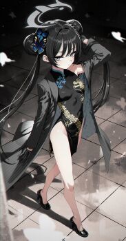 1girl absurdres black_dress black_gloves black_hair black_shoes blue_archive blush braid braided_base breasts butterfly_hair_ornament china_dress chinese_clothes coat commentary covered_navel double_bun dragon_print dress full_body gloves green_eyes grey_halo hair_bun hair_ornament halo high_heels highres himura_soichiro kisaki_(blue_archive) long_hair looking_at_viewer no_panties pelvic_curtain print_dress pumps shoes side_slit small_breasts solo striped_coat twintails untranslatable_commentary vertical-striped_coat very_long_hair