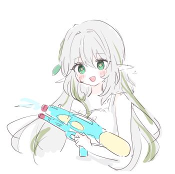 1girl alternate_costume alternate_hairstyle bare_shoulders blush braid bright_pupils camisole casual commentary_request contemporary cross-shaped_pupils eyelashes genshin_impact hair_down hair_ornament half_crown_braid holding holding_water_gun korean_commentary leaf leaf_hair_ornament long_hair looking_at_viewer multicolored_hair nahida_(genshin_impact) pointy_ears sketch solo strap_slip streaked_hair symbol-shaped_pupils teeth upper_teeth_only water_gun wheat_02 white_background white_camisole white_hair white_pupils