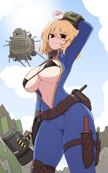 1girl absurdres arm_up armpits bikini black_bikini black_eyes blonde_hair blue_jumpsuit breasts breasts_out fallout fallout_4 formicid highres holding jumpsuit large_breasts looking_at_viewer outdoors presenting_armpit short_hair smile solo solo_focus string_bikini sun sweat sweatdrop swimsuit vault_girl vault_suit