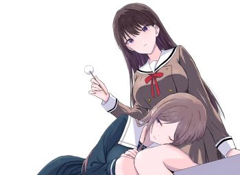 2girls absurdres alternate_breast_size_(larger) bang_dream! bang_dream!_it's_mygo!!!!! black_hair blue_eyes blue_shirt blue_skirt brown_hair brown_shirt brown_skirt buttons closed_mouth collared_shirt couple da_ge_xiao_xian dot_nose double-breasted dutch_angle from_below furrowed_brow half-closed_eye hanasakigawa_school_uniform highres holding lap_pillow light_smile long_hair long_sleeves looking_at_another looking_to_the_side middle_part mimikaki mole mole_under_eye multiple_girls nagasaki_soyo neck_ribbon one_eye_closed parted_bangs pleated_skirt purple_eyes red_ribbon ribbon sailor_collar school_uniform shiina_taki shirt simple_background sitting skirt skirt_set sleeve_cuffs straight_hair tsukinomori_school_uniform white_background white_sailor_collar winter_uniform yuri